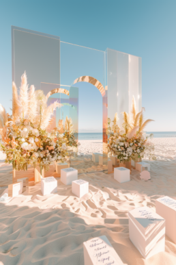 Elegant beach wedding setup with floral arrangements and a stunning reflective arch.