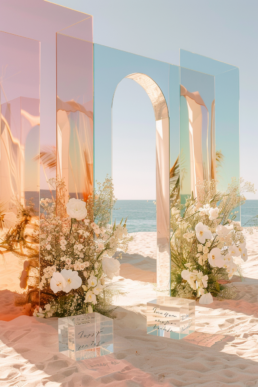 Elegant beach wedding arch with white flowers and greenery, reflecting a serene coastal backdrop.