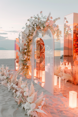 Twilight beach wedding with a floral arch, mirrors, and soft lantern light.