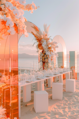 Serene sunset beach dining setup with a white table, modern stools, and elegant floral decor.