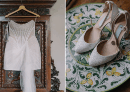 Elegant wedding dress and stylish heels, perfect for a bridal ensemble and wedding day celebration.