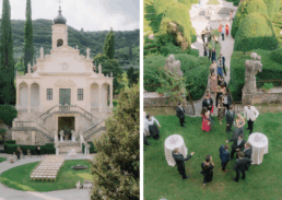 Elegant neoclassical wedding venue surrounded by manicured gardens and joyful guests celebrating.