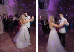 Michelle and Max celebrate their wedding reception dance in a beautifully lit venue.