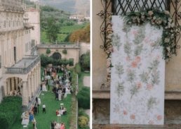 Elegant outdoor gathering at a scenic estate with guests celebrating amidst lush greenery and flowers.