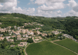 Charming Italian village nestled in rolling hills surrounded by lush vineyards and gardens.