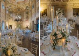 Elegant banquet hall setting with floral decorations and romantic lighting for a wedding celebration.