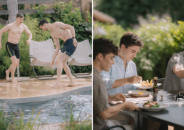 Playful summer poolside fun and outdoor dining with friends in a lush setting.