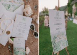 Elegant wedding stationery and welcome sign showcasing Michelle and Maximillians celebration details.