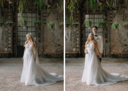 Elegant bride and groom in a romantic wedding setting with greenery and soft lighting.