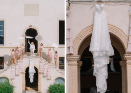 Elegant wedding celebration featuring a bridal party in pink outfits on a grand staircase.