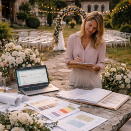 Elegant wedding preparation in a scenic outdoor setting with a floral arch and warm lights.