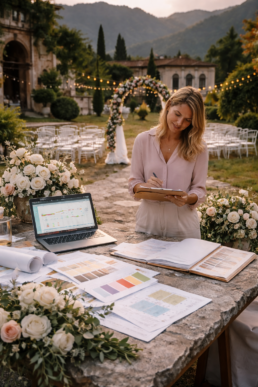 Elegant wedding preparation in a scenic outdoor setting with a floral arch and warm lights.