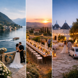 Romantic wedding scenes blending lakeside moments, sunset dinners, and enchanting evening celebrations.