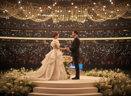 Elegant wedding ceremony in grand arena, with a romantic couple surrounded by festive ambience.