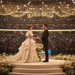 Elegant wedding ceremony in grand arena, with a romantic couple surrounded by festive ambience.